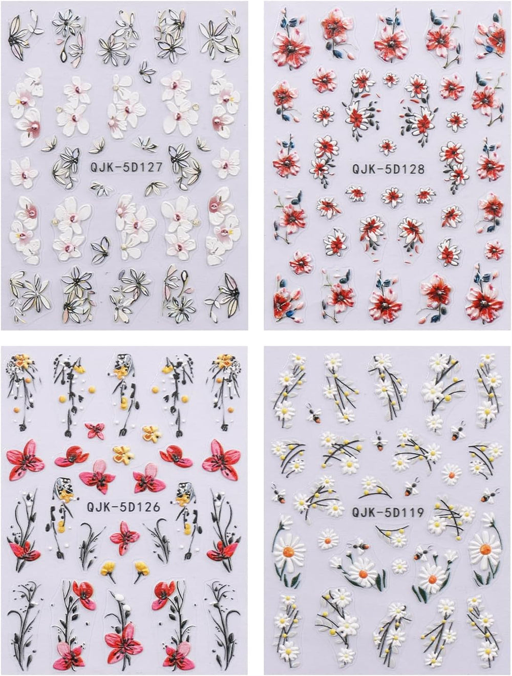 JMEOWIO 3D Nagelsticker Blumen Nail Art Sticker Selbstklebend Nagelaufkleber 5D Stereoskopisch Frühling Sommer Dekoration Nageldesign Zubehör 4 Blatt