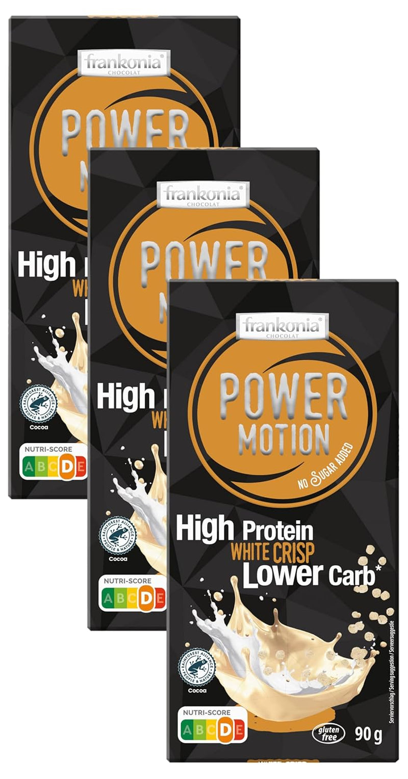 frankonia CHOCOLAT POWER MOTION sin azúcares añadidos - Chocolate blanco crujiente con alto contenido en proteínas y bajo en carbohidratos, 90 g