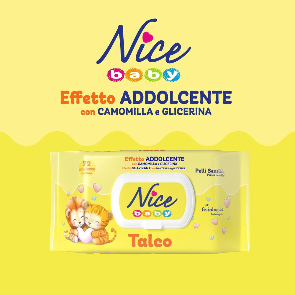 NICE Baby Toallitas húmedas 72 piezas con tapa Talco Aroma Materiales naturales Limpieza suave Bebé 1 pieza