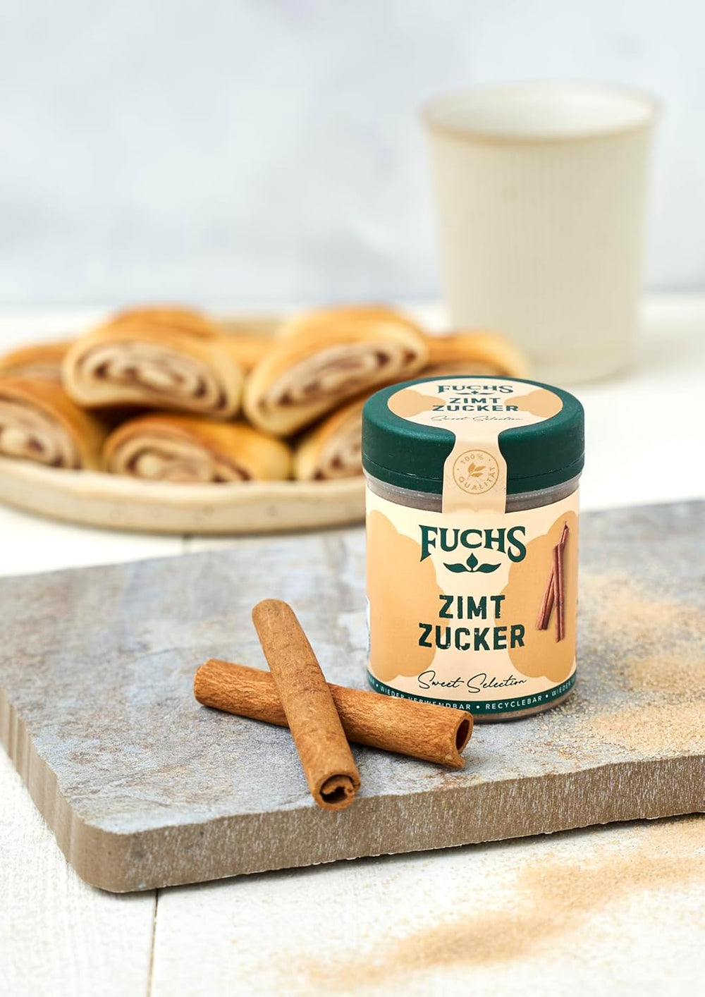 Fuchs Gewürze - Zimt Zucker - Klassiches Gewürz für Milchreis, Pfannkuchen oder Wafeln - aus natürliche Ingrediente - 100 g en wiederverwendbarer, recyclebarer Dosis