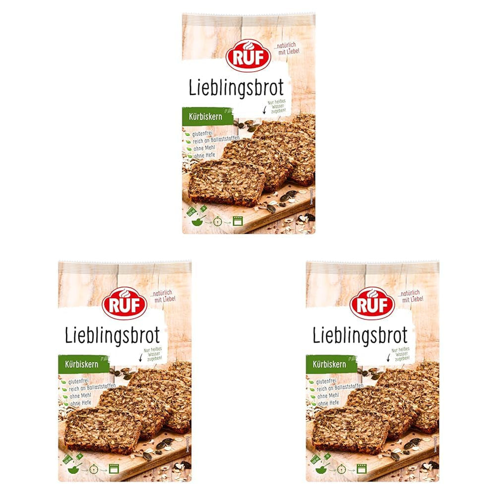 RUF Lieblingsbrot Protein, Brot-Backmischung, Brotmischung, Brotteig-Mischung, Proteinreiches Brot, Glutenfrei, Ohne Mehl & Hefe, 1 X 500G Naty Shop 600 G (paquete de 3) Kà¼Rbiskern
