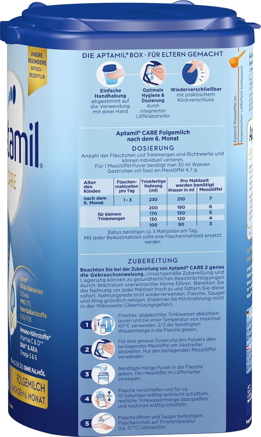 Aptamil Care 2 - Leche de continuación a partir de los 6 meses, con Omega 3 y 6, DHA y ARA, sin aceite de palma, papilla, leche en polvo, 1 x 800 g (paquete de 6)