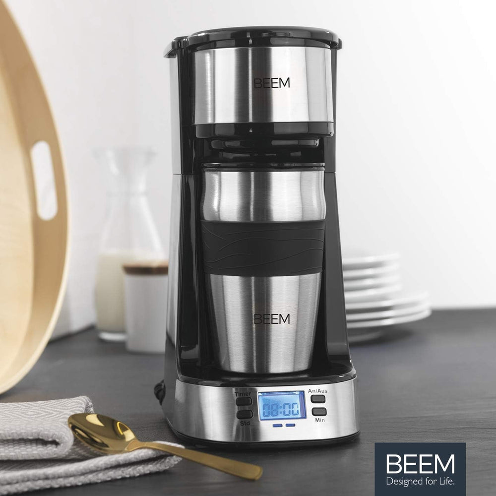 Espressor cu filtru unic BEEM THERMO 2 GO cu cană termică de 0,4 l | Filtru permanent | Cu cronometru de 24 de ore pentru o ceașcă de cafea fierbinte dimineața, fără așteptare | 750 W