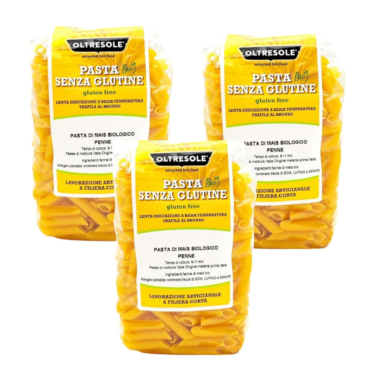 - Pasta di Mais Giallo Biologica Italiana Gluten Free, Formato Penne - pasta sin gluten, 100% farina di mais giallo orgánica, vegana, confezione da 3 pacchi da 350 g