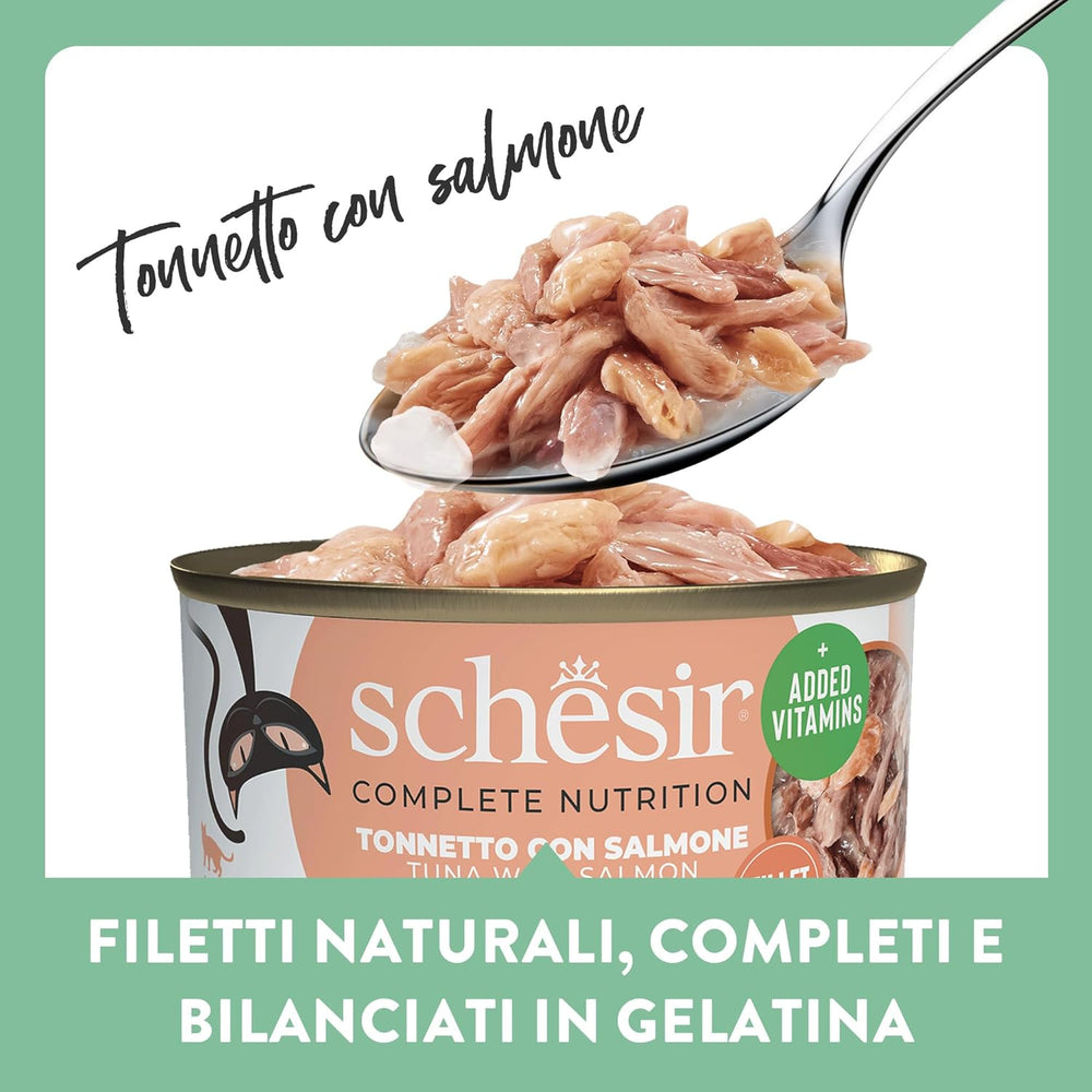 Ton cu somon în jeleu, hrană umedă completă pentru pisici, la conservă, cu vitamine adăugate, 100% naturală, 6 x 85 g