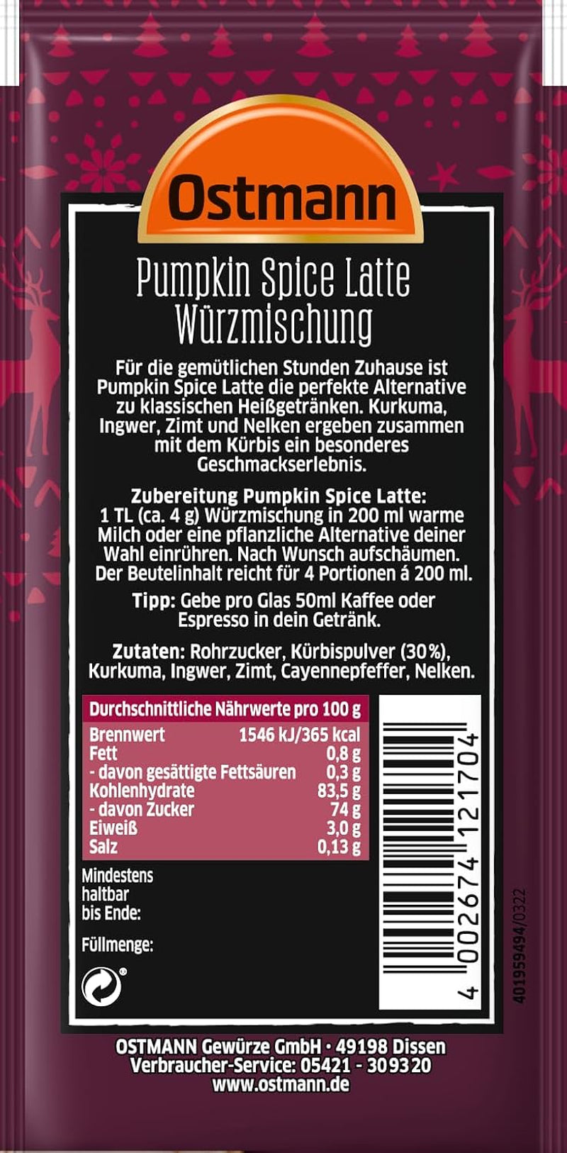 Ostmann Gewürze – Pumpkin Spice Latte Würzmischung, zum Einrühren in Milch mit Kaffee oder Espresso, mit Kürbispulver, 16 g im Beutel (Verpackungsdesign kann abweichen)