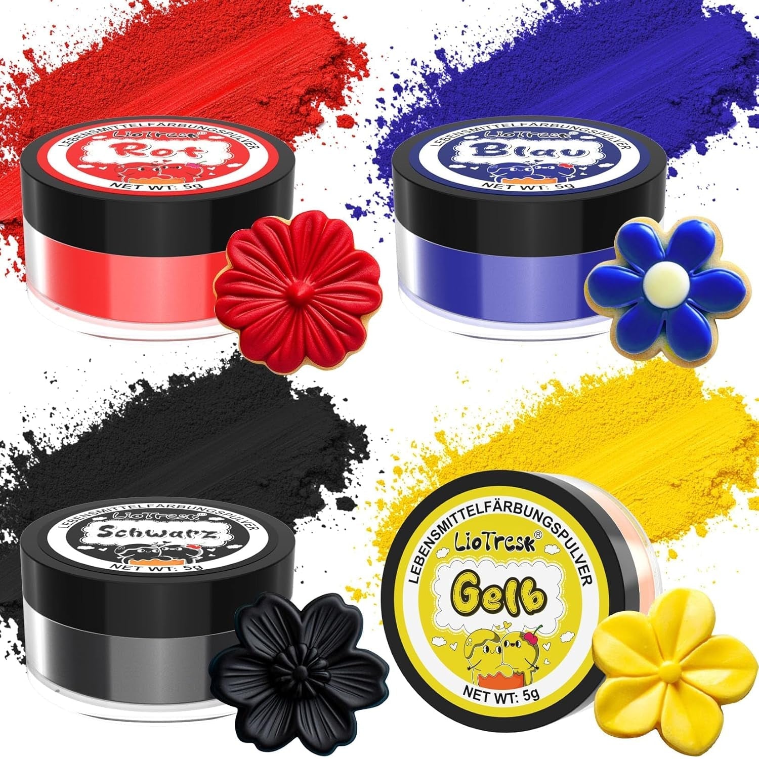 Set coloranți alimentari pudră - 4x5g colorant alimentar concentrat pentru fondant, cremă de unt, colorant alimentar vibrant pentru copt, decorare tort, colorare ouă de Paște, macaroane, Ziua Tuturor Sfinților