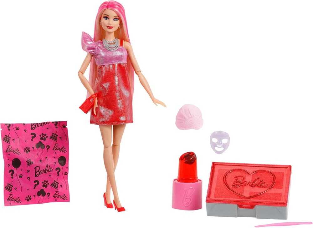Păpușă Barbie Party fără cutie și accesorii, seria Glam Party cu 10 surprize, inclusiv o păpușă roșie strălucitoare cu efect de schimbare a culorii, JFY68