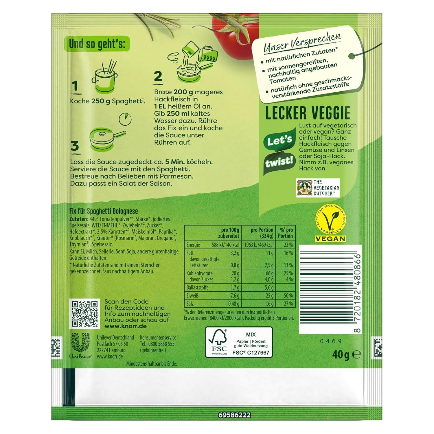 Knorr Fix Würzmischung Spaghetti Boloñesa para un delicioso plato de fideos con ingredientes naturales 40 g