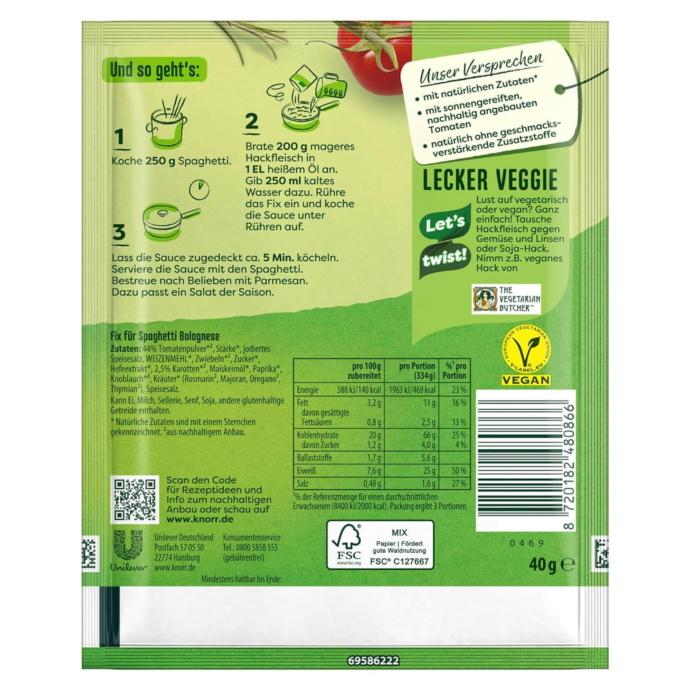 Knorr Fix Würzmischung Spaghetti Boloñesa para un delicioso plato de fideos con ingredientes naturales 40 g