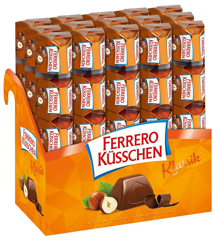 Ferrero Küsschen White Crispy - Regalo de San Valentín para él y para ella - Avellanas tostadas crujientes en crema ligera con chips crujientes, cubiertas de chocolate blanco, 1 paquete de 20 bombones individuales
