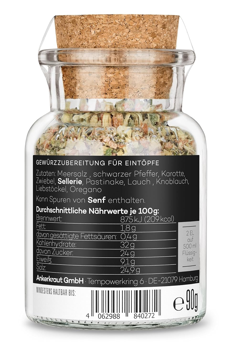 Ankerkraut Eintopf, Linsen, Beans and Gemüse, Gewürz-Mischung, Vielfalt für jeden Gesmack, ohne Gesmackverstärker, lecker schmecker, 90 g en vaso de corcho