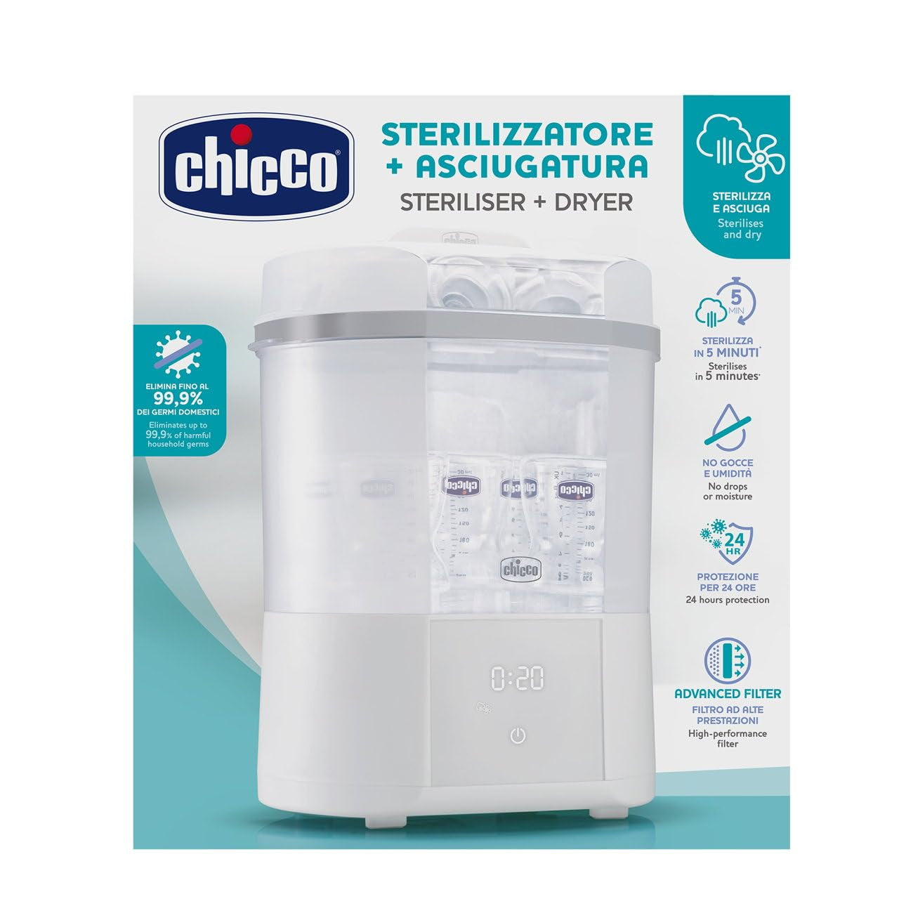 Sterilizator modular Chicco cu funcție de uscare, sterilizator pentru biberon, inel de dentiție și suzetă cu oprire automată, potrivit pentru cuptorul cu microunde, potrivit pentru sterilizarea a până la 6 biberoane de 330 ml