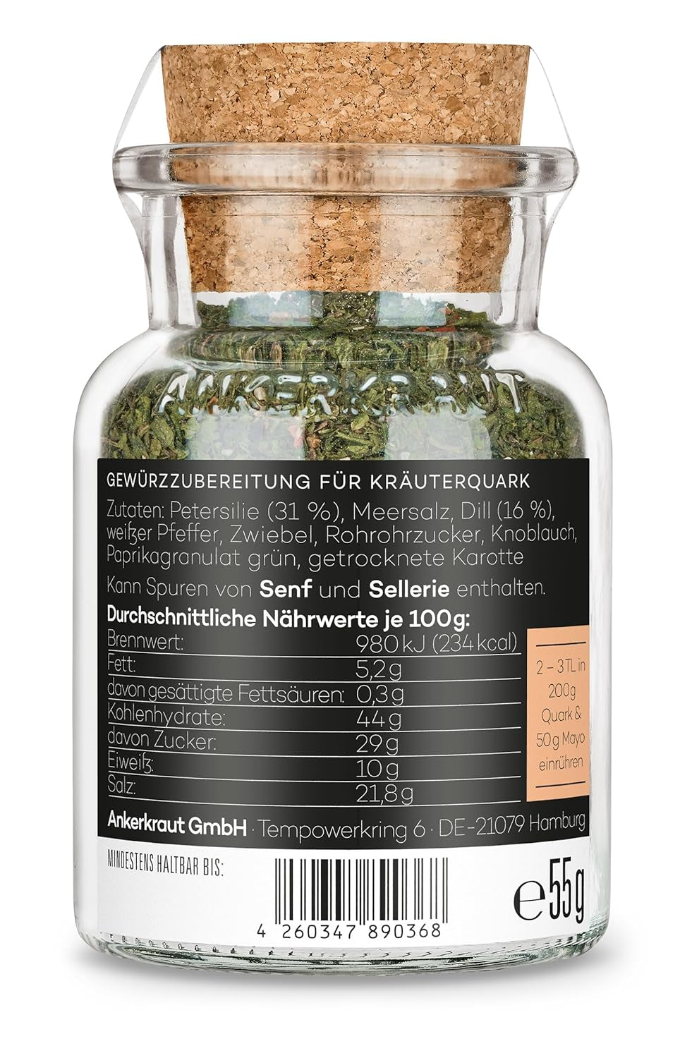 Ankerkraut Kräuterquark Dip, Gewürzmischung für Quark, Ohne Geschmackverstärker, Premium Qualität, Alternative Joghurt und Soja-Quark, Aufstrich selber machen, 55 g en vaso de corcho