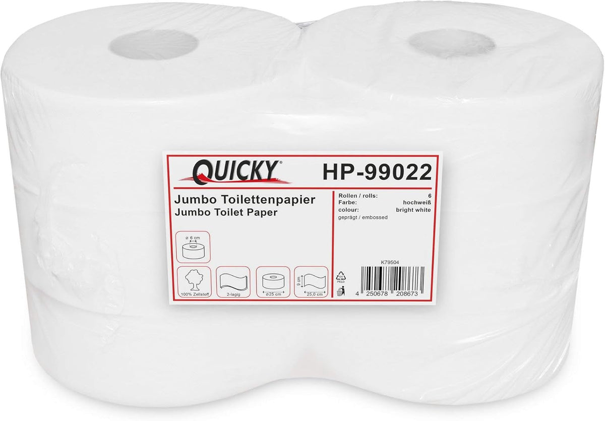 Hârtie igienică Quicky Jumbo 2 straturi, 25 cm Ø, alb strălucitor, relief cu puncte fine, 6 role - absorbantă și rezistentă la rupere pentru igienă maximă, ideală pentru instituțiile publice și industrie