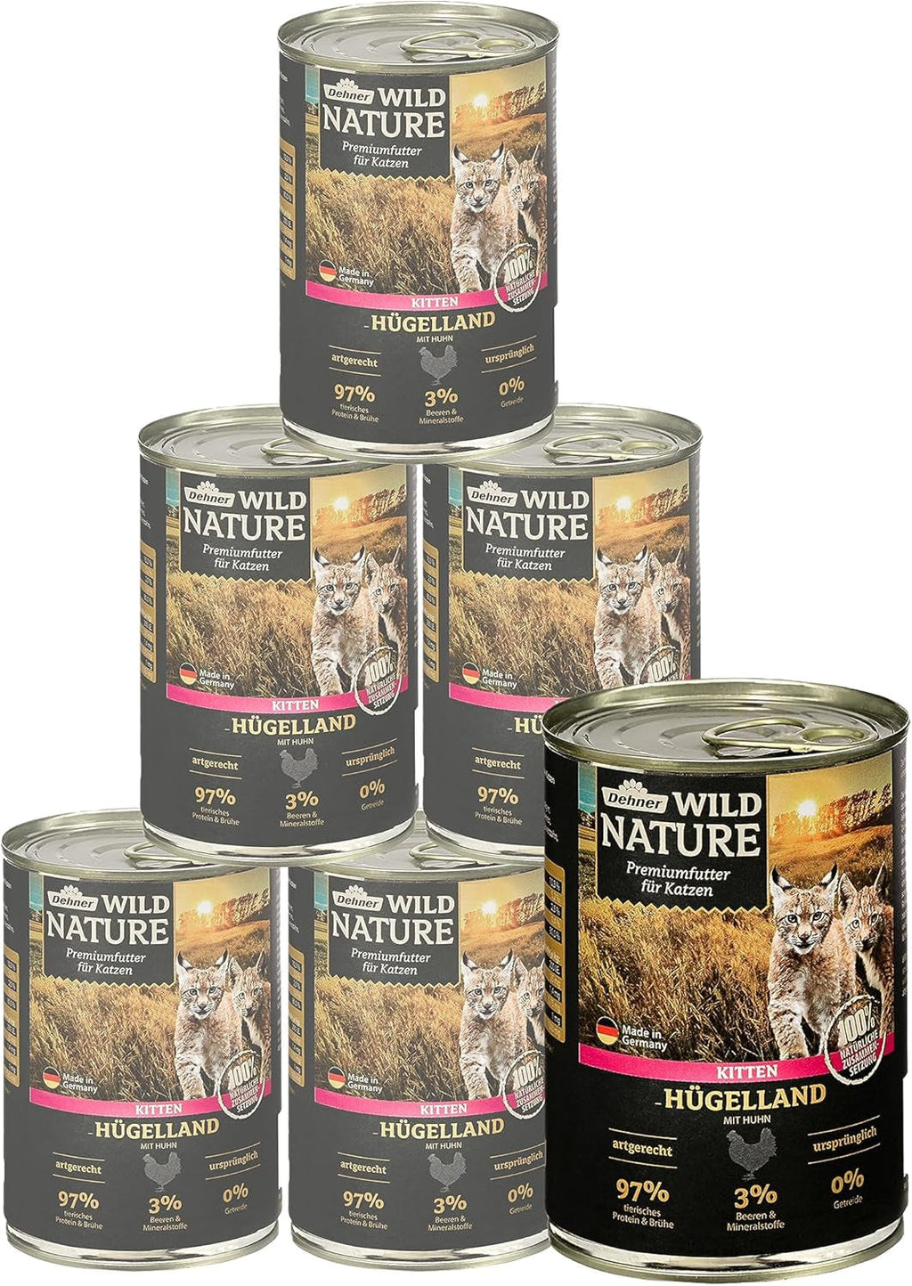Dehner Wild Nature hrană pentru pisici Kitten Hügelland, hrană umedă fără cereale / fără zahăr, pentru pisici tinere, pui, cutie 6 X 200 G (1,2 kg)