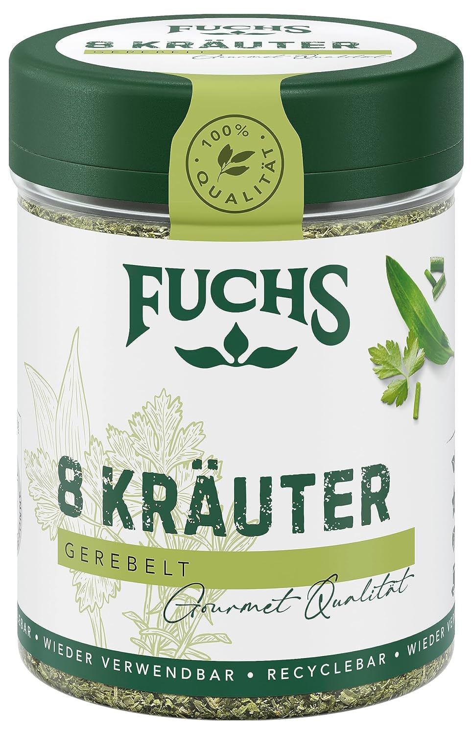 Fuchs Gewürze - 8 Kräuter gerebelt - Kräutermischung für Marinaden, Fischgerichte oder Kräuter-Frischkäse - ingredientes naturales - 25 g en wiederverwendbarer, recyclebarer Dosis