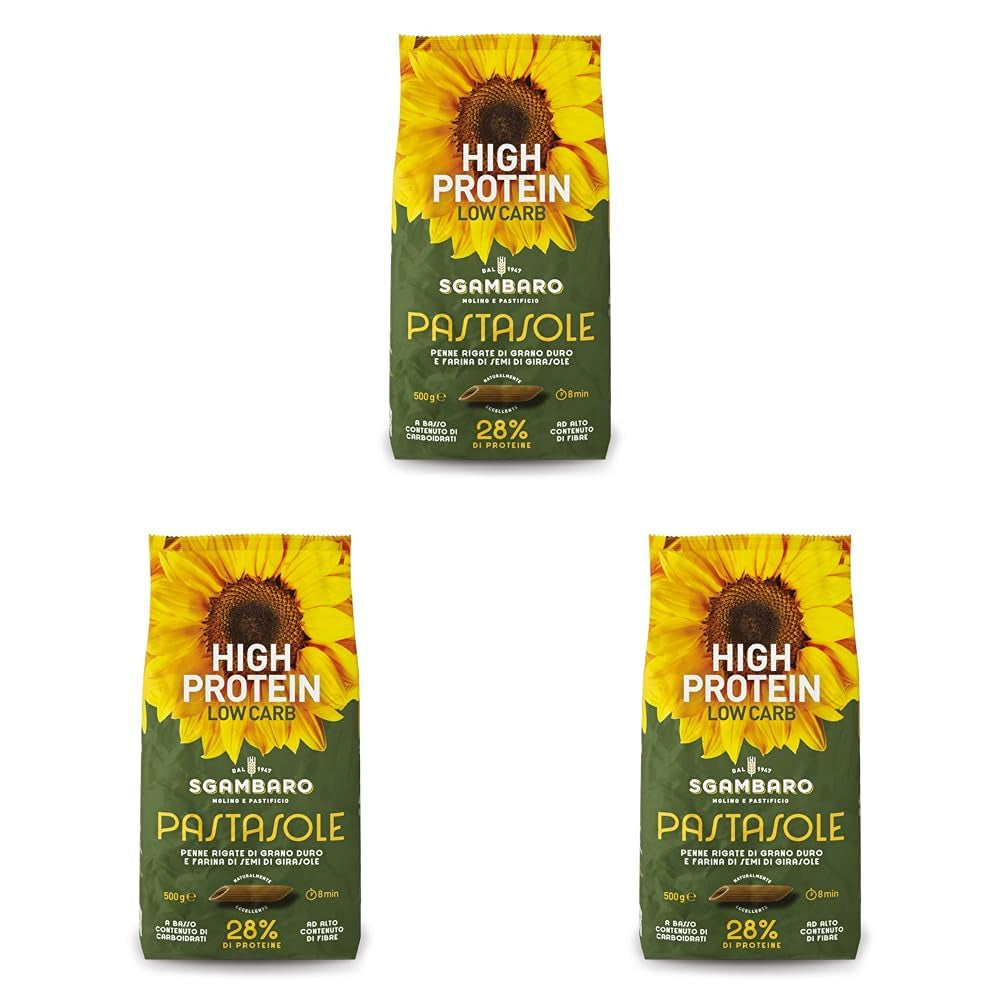 PASTASOLE, Penne Rigate con sémola de trigo duro 100% cultivada en Italia y harina de semillas de girasol - 500 g - Alto en proteínas, bajo en carbohidratos, alto en fibra (Paquete de 3)