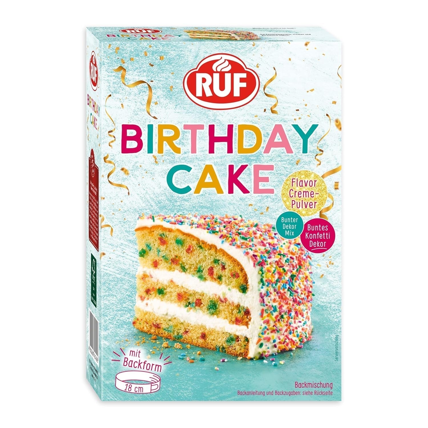 RUF Birthday Cake, Geburtstagskuchen, Schicht-Torte Aus Rührteig Und Konfetti-Streusel, Tortencreme Und Buntem Dekor-Mix, Für Kindergeburtstag, Familienfeier, Einschulung, 1X425G Glaseado y decoración Naty Shop 425 G (1 paquete)