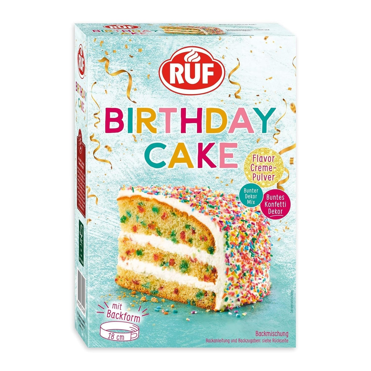 RUF Birthday Cake, Geburtstagskuchen, Schicht-Torte Aus Rührteig Und Konfetti-Streusel, Tortencreme Und Buntem Dekor-Mix, Für Kindergeburtstag, Familienfeier, Einschulung, 1X425G Glaseado y decoración Naty Shop 425 G (1 paquete)