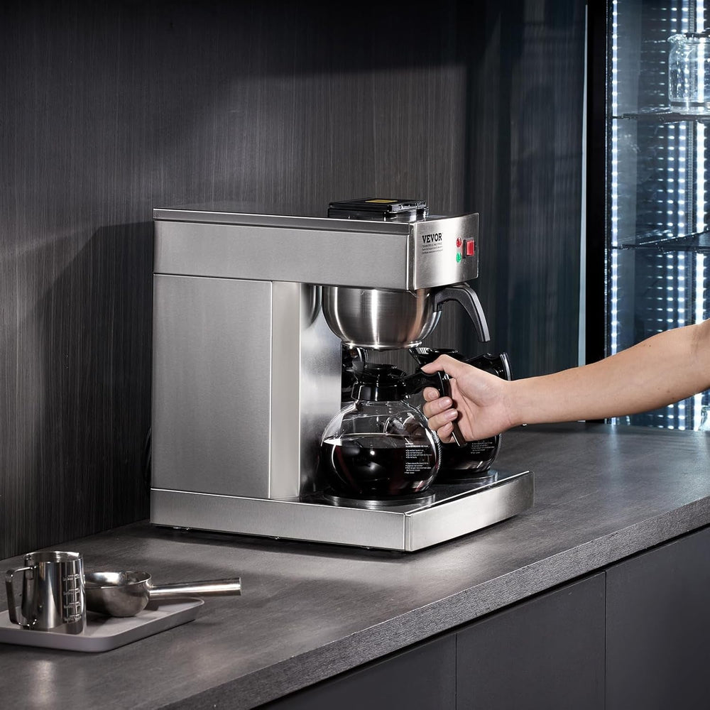 VEVOR Espressor comercial cu filtru pentru 12 căni, espressor cu 3 carafe de sticlă și 3 plăci de încălzire, espressor din oțel inoxidabil cu alimentare automată cu apă, pentru restaurante, birouri, cafenele