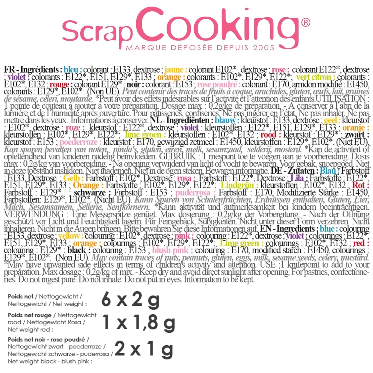 Scrapcooking - Set 9 coloranți alimentari pudră - Albastru, Galben, Roz, Violet, Portocaliu, Verde lămâie, Roșu, Roz pudră, Negru - Pudră colorantă comestibilă pentru prăjituri, brioșe, macarons - 4270