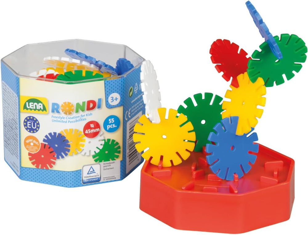 Lena 35946 Steckspiel Rondi 45 en Baudose, 55 Teile en bunten Farben, ca. 45 mm, de 3 años a 10 años, Konstruktionsspielzeug mit Steckteilen, Mehrfarbig