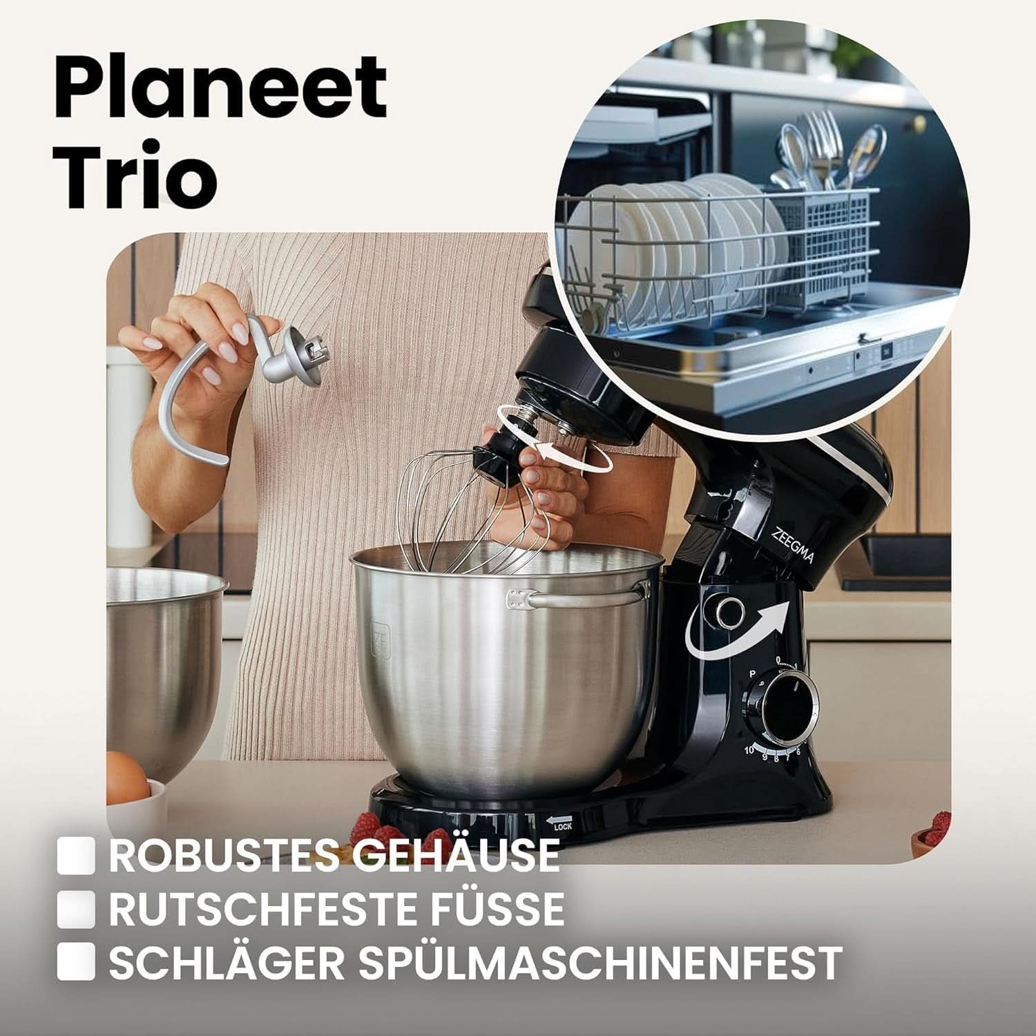 ZEEGMA PLANEET TRIO Planetenroboter, 1500 W, Multifunktionale Küchenmaschine Mit 3 Schüsseln 4 L, 4,5 L Und 5,2 L, 10 Betriebsgeschwindigkeiten, Mixer Mit Haken, Schneebesen (Schwarz) Mother and Child Naty Shop
