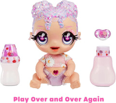 MGA Glitter Babyz - LILA WILDBLOOM - Babypuppe mit 3 magischen Farbwechseln durch eiskaltes Wasser - mit lila Glitzer-Haar, Wildblumen-Outfit, Windel, Flasche und Schnuller - Für Kinder ab 3 Jahren