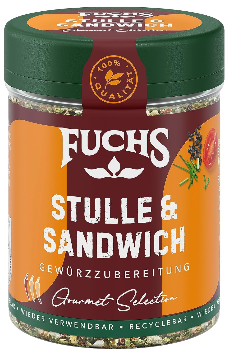 Fuchs Gewürze - Stulle und Sandwich Gewürz - crujiente Butterbrot Topping mit Pyramidenflocken und getoasteten Zwiebeln - aus natürliche Ingrediente - 50 g en wiederverwendbarer, recyclebarer Dosis