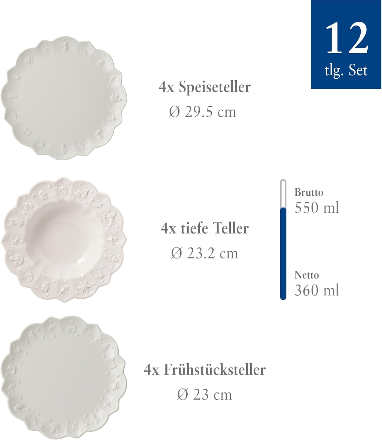 Villeroy & Boch – Toy'S Delight Royal Classic Geschirr-Set 12 Teilig Weiß, Spülmaschinenfest, Mikrowellensicher, Teller, Tellerset, Geschirrset 4 Personen, Weihnachtsgeschirr Toys, Premium Porcelain Seturi vesela masa Naty Shop