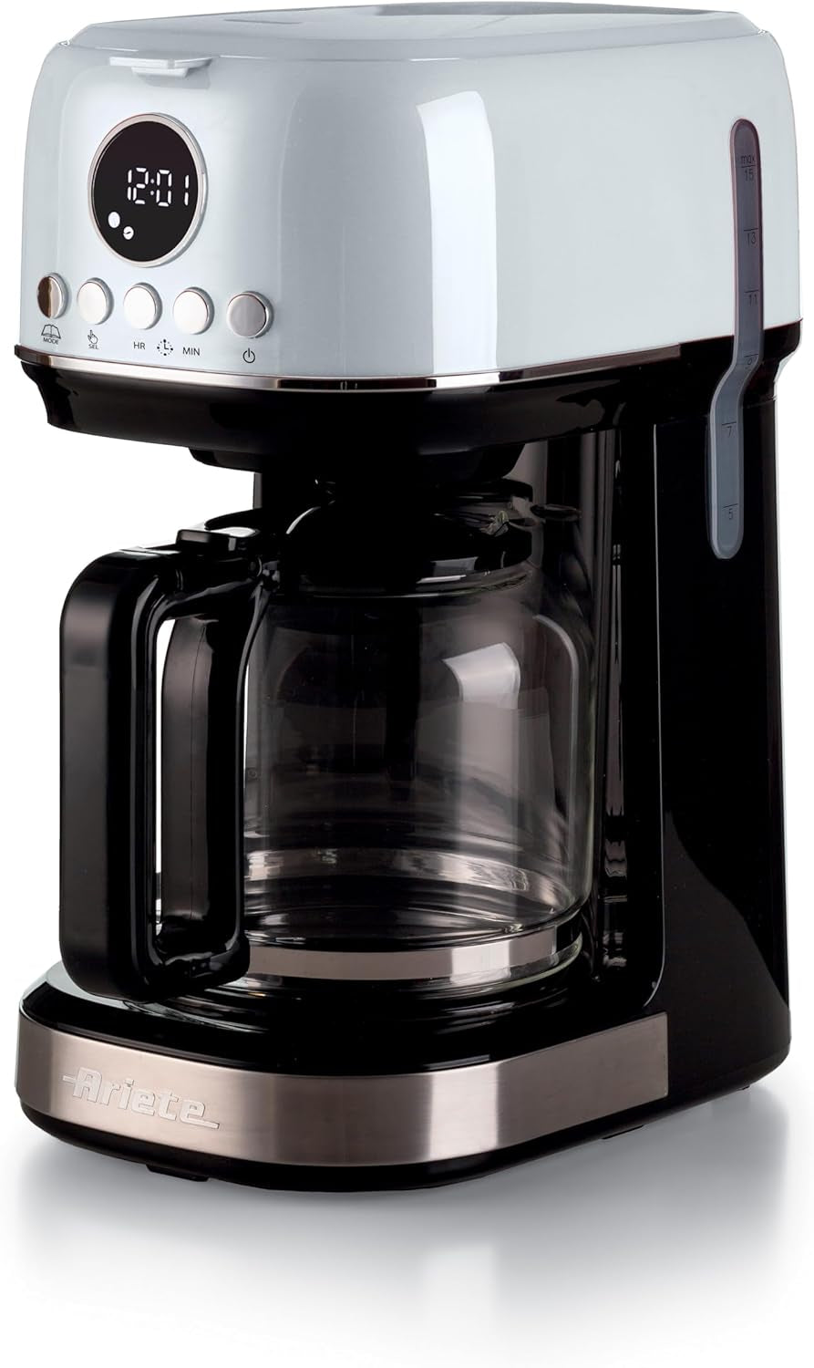 Ariete, Espressor cu filtru Moderna 1396 pentru prepararea cafelei americane, pentru până la 15 cești, carafă din sticlă, placă de încălzire, afișaj LCD, filtre detașabile și lavabile, alb