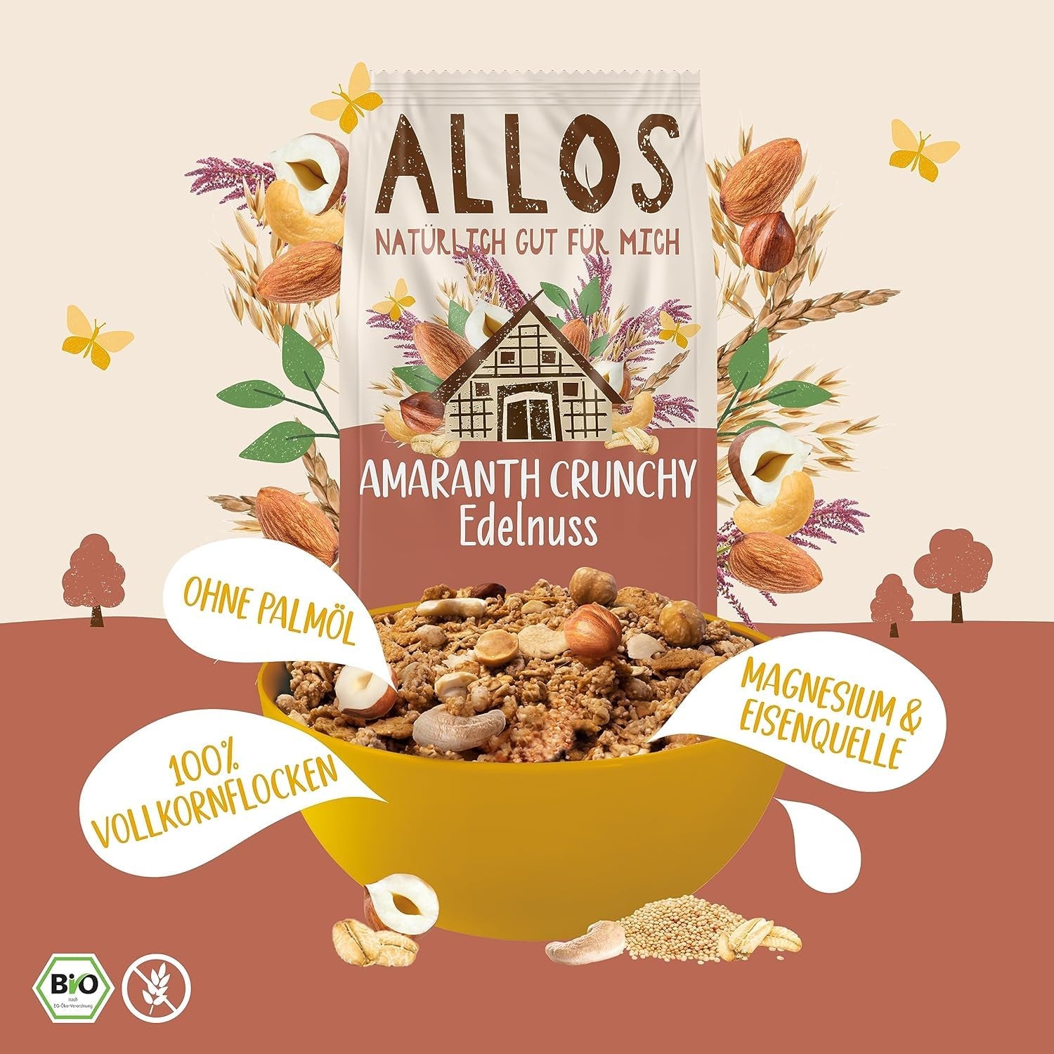 Muesli crujiente premium con nueces y amaranto Allos | Muesli orgánico | Muesli con nueces | Avena | Cereales para el desayuno | Vegano | Paquete de 6 (6 x 400 g)