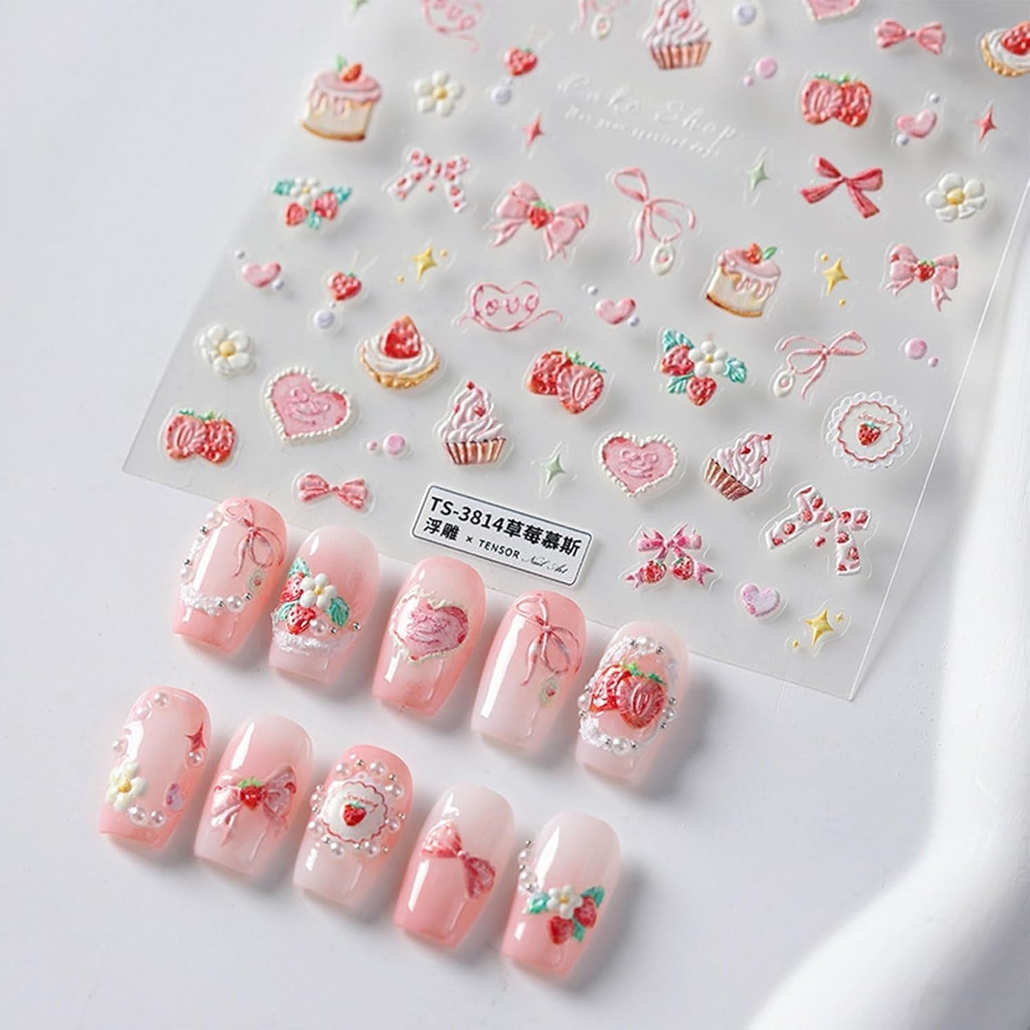 JMEOWIO 3D Nagelsticker Rosa Nail Art Sticker Selbstklebend Nagelaufkleber 5D Stereoskopisch Kuchen Erdbeerschleife Dekoration Nageldesign Zubehör 1 Blatt