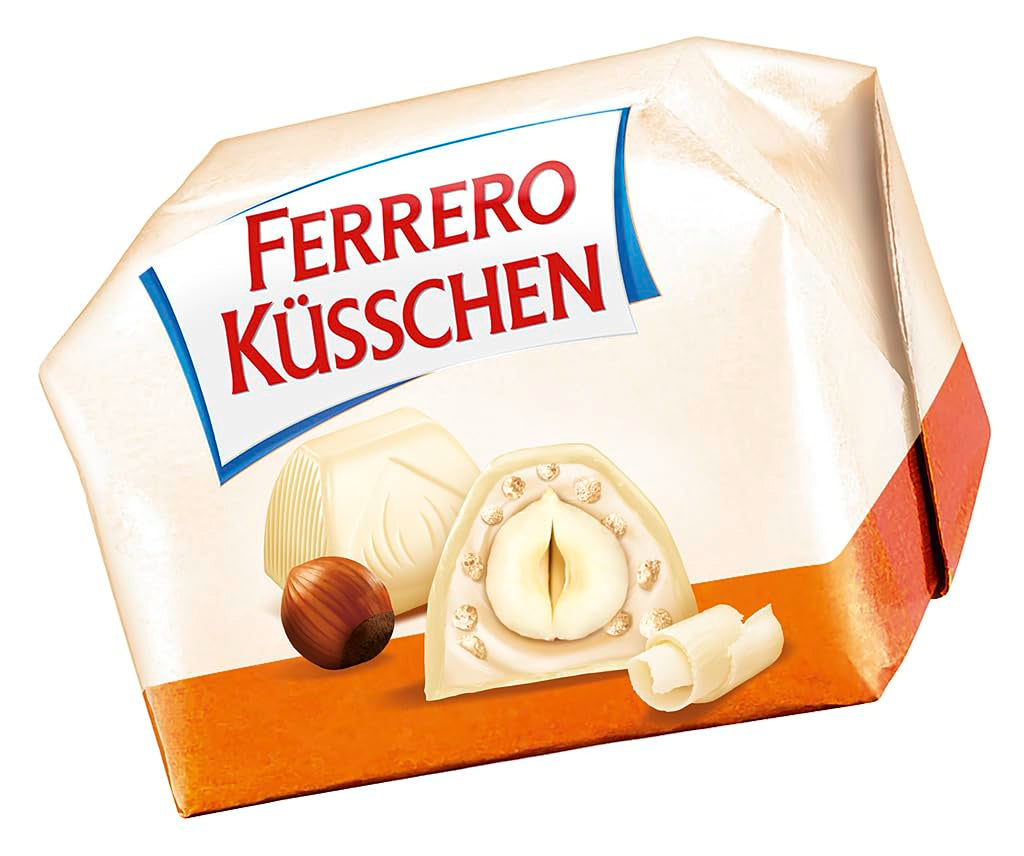 Ferrero Küsschen White Crispy - Regalo de San Valentín para él y para ella - Avellanas tostadas crujientes en crema ligera con chips crujientes, cubiertas de chocolate blanco, 1 paquete de 20 bombones individuales