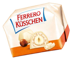 Ferrero Küsschen White Crispy - Regalo de San Valentín para él y para ella - Avellanas tostadas crujientes en crema ligera con chips crujientes, cubiertas de chocolate blanco, 1 paquete de 20 bombones individuales