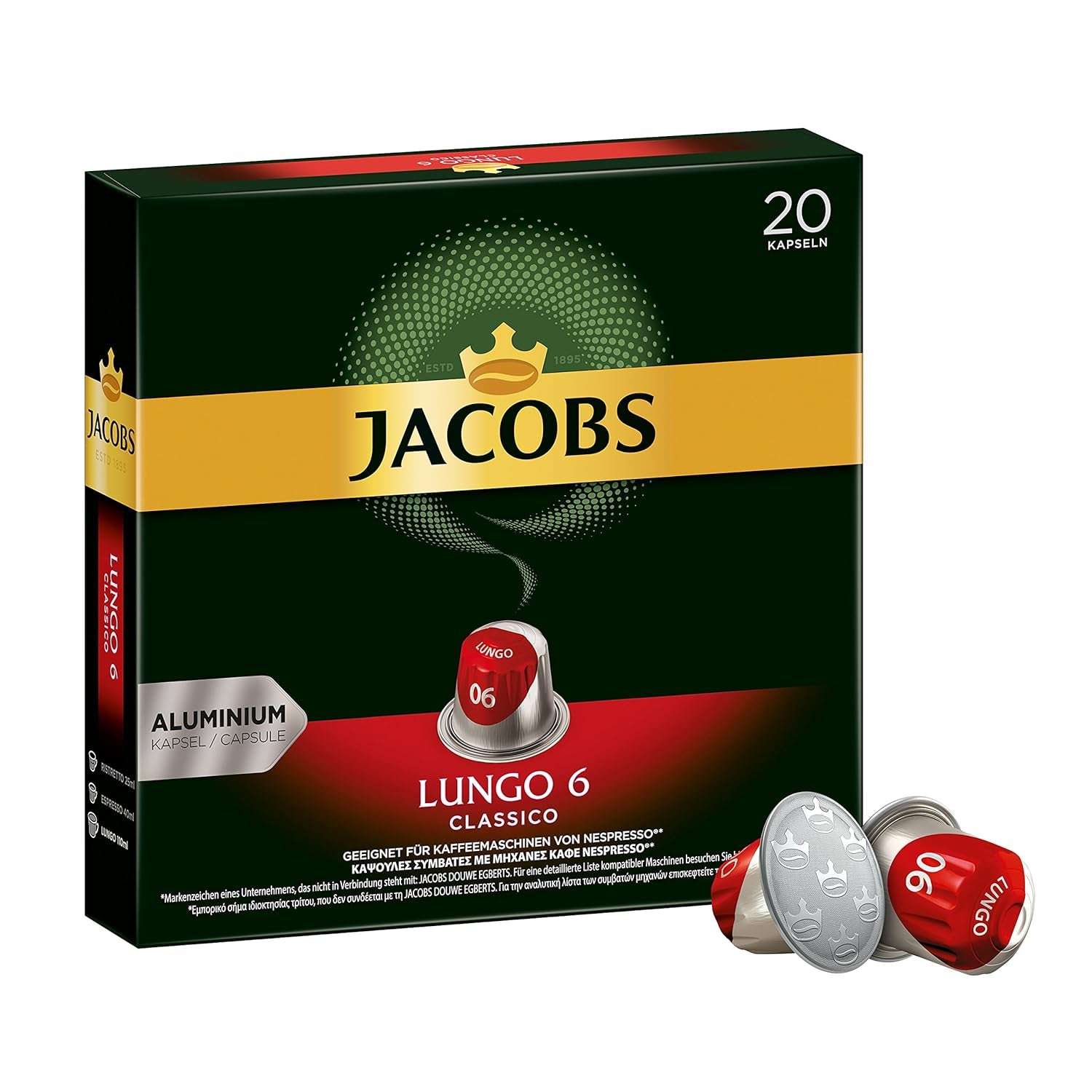 Kaffeekapseln Lungo Classico, Intensität 6 von 12, 20 Nespresso®* kompatible Kapseln, 10 x 20 & Kapseln Espresso Classico, Intensität 7,100 Nespresso®* kompatible Kaffeekapseln, 10x10 Getränke