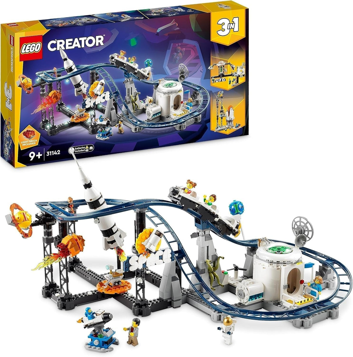 LEGO 31142 Creator Kit de juguete de montaña rusa espacial 3 en 1 para niños pequeños con carritos funcionales, se convierte en torre de caída libre o carrusel con cohetes y ladrillos brillantes Juegos de construcción Besuche den LEGO-Store Single
