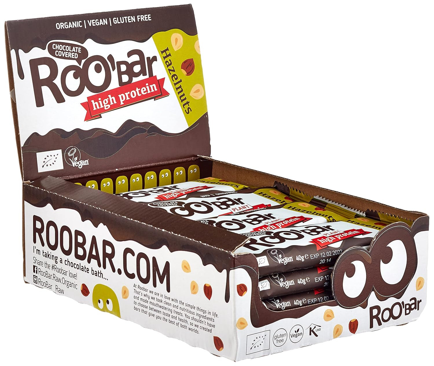 Barras de avellanas glaseadas con chocolate con alto contenido proteico - 100% orgánicas, veganas, barras de frutas, sin lácteos, sin gluten, sin azúcar refinada - 16 barras x 40 g