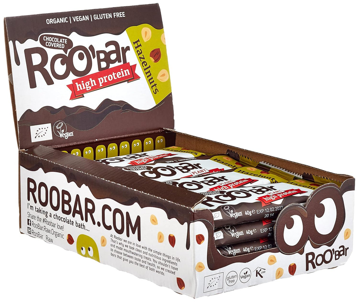 Barras de avellanas glaseadas con chocolate con alto contenido proteico - 100% orgánicas, veganas, barras de frutas, sin lácteos, sin gluten, sin azúcar refinada - 16 barras x 40 g