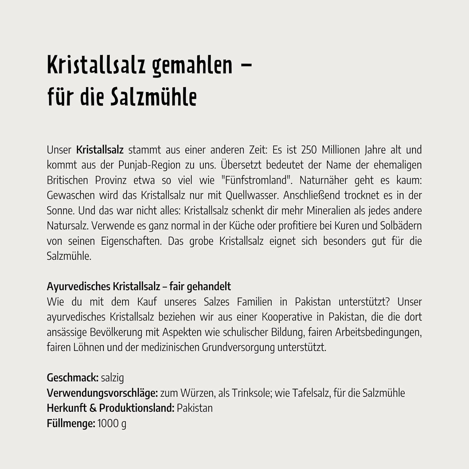 Govinda Kristallsalz - grueso (1kg) | 250 millones de años alt | Salz en la región de Punjab | Belleza 100% natural & ohne Zusätze | Ayurvédico | Vegano | Ideal para el molino de sal.