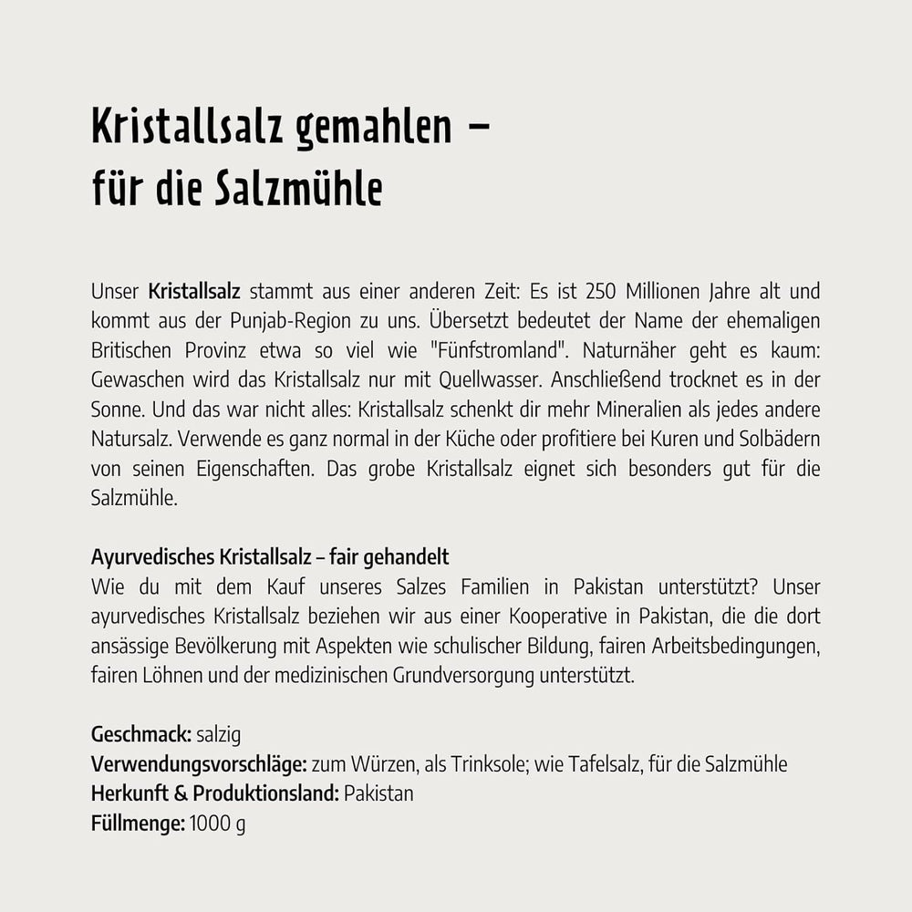 Govinda Kristallsalz - grueso (1kg) | 250 millones de años alt | Salz en la región de Punjab | Belleza 100% natural & ohne Zusätze | Ayurvédico | Vegano | Ideal para el molino de sal.