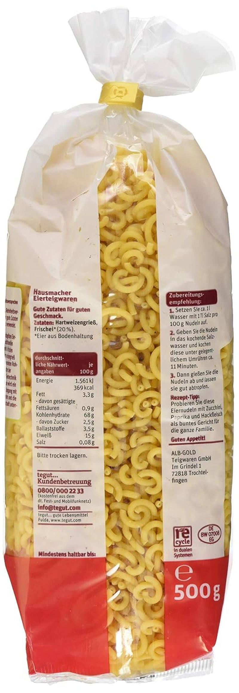 tegut... Fideos con huevo y espaguetis en forma de tenedor, 1 x 500 g