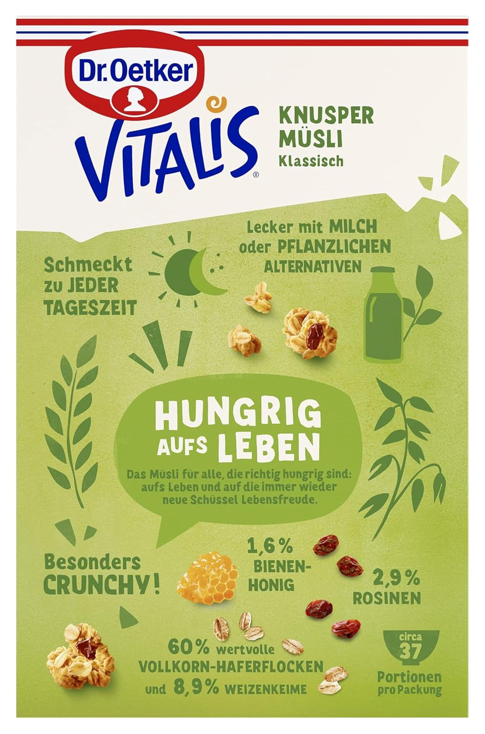 Dr. Oetker Vitalis Classic Crispy Muesli: paquete grande de muesli crujiente para el desayuno con pasas, 1 paquete, 1,5 kg