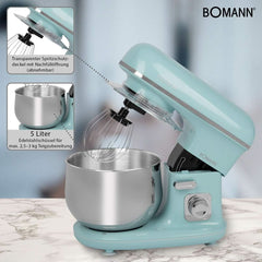 Bomann® Retro Küchenmaschine Zum Backen | Máquina de tejer 5L | Motor más rígido de 1100 W | Teigmaschine Inkl. Haken y Schneebesen | Retro Teigknetmaschine Spritzschutz Mit Nachfüllöffnung – KM 6030 CB Mint-Grün Madre e hijo Naty Shop