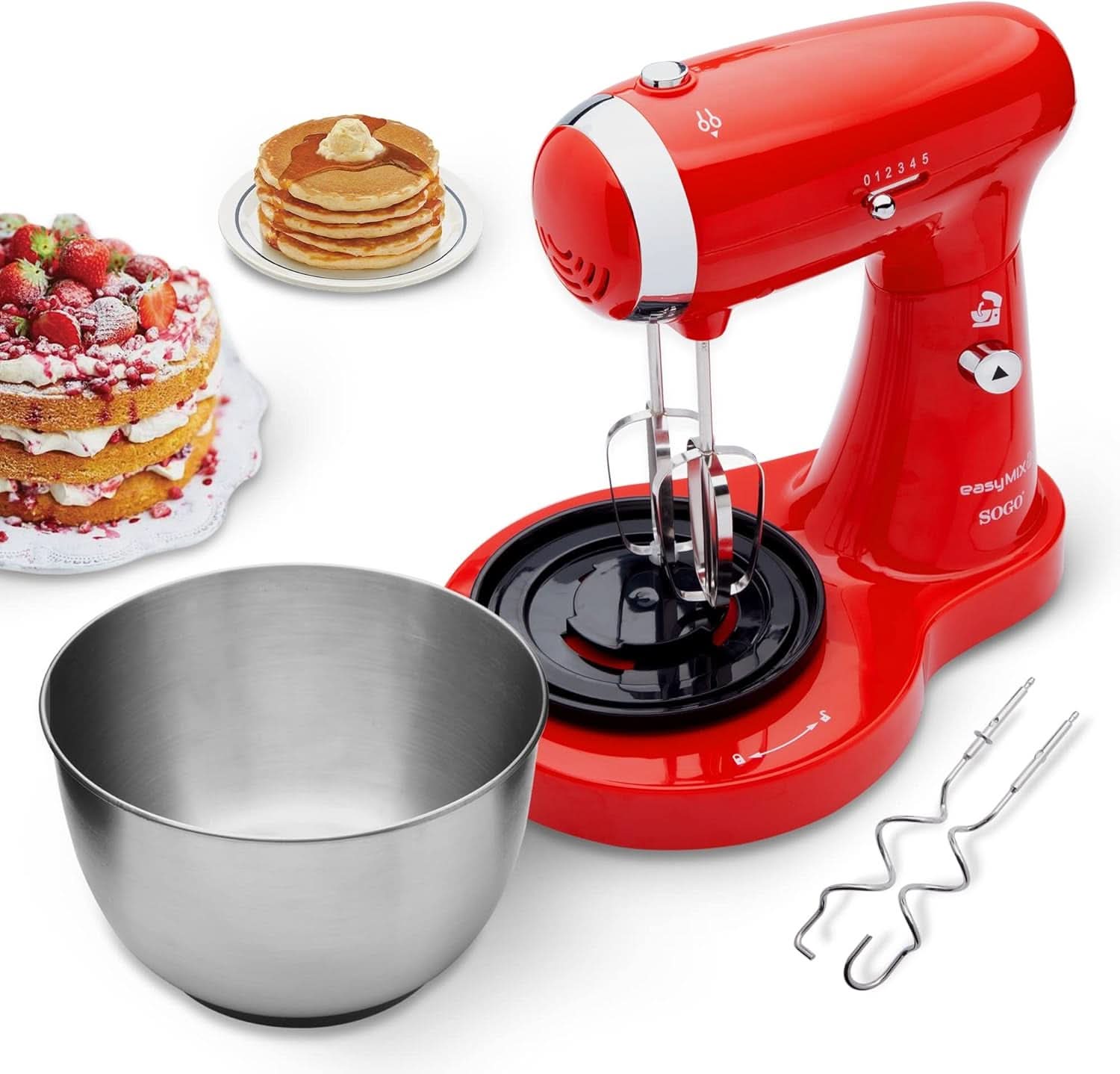 SS-14506 Küchenmaschine, Mixer Und Mixer 3-In-1 Mit Drehschüssel, Stäbchen Und Haken Zum Kneten Aus Edelstahl, 5 Geschwindigkeiten, 3,2 Liter (Rot) Mama si Copilul Naty Shop