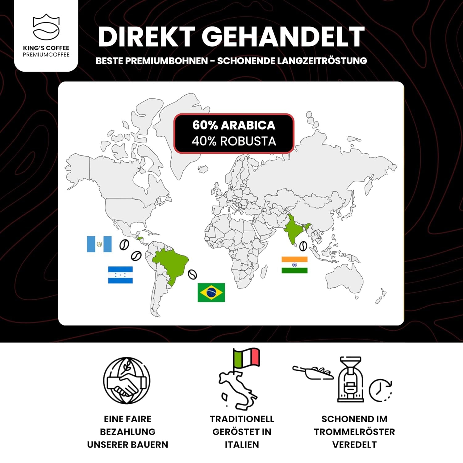 KING'S COFFEE - EDIȚIE NEAGRĂ - 1 kg Boabe de Cafea Crema Intense - Cafea cu Aciditate Scăzută - Prăjire în Loturi Mici din Italia - Boabe de Espresso Arabica Puternic (Amestec) pentru Aparate Complet Automate și Portafiltru