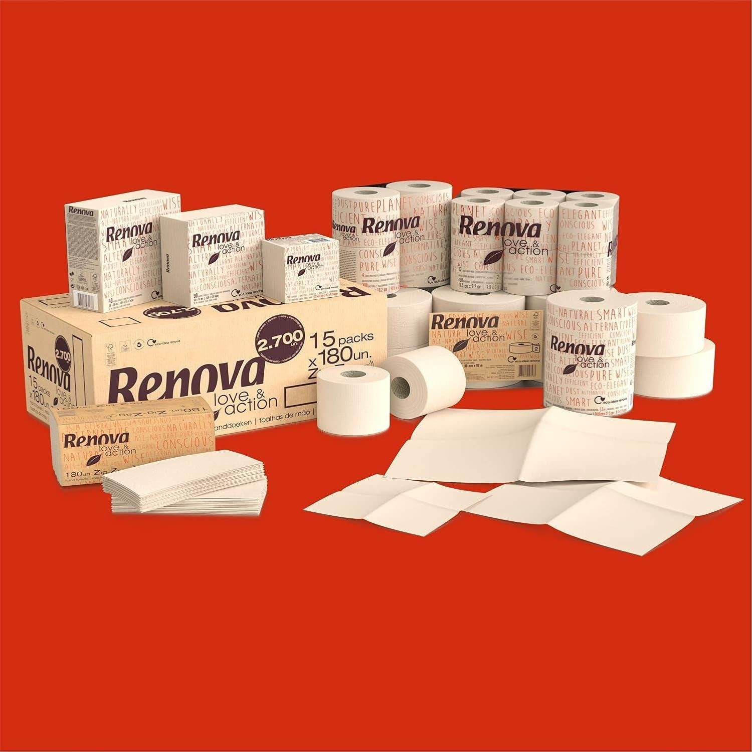 Hârtie igienică Renova Jumbo Love&Action, 12 role premium, 90 M, hârtie kraft, 2 straturi, certificată FSC & Ecolabel