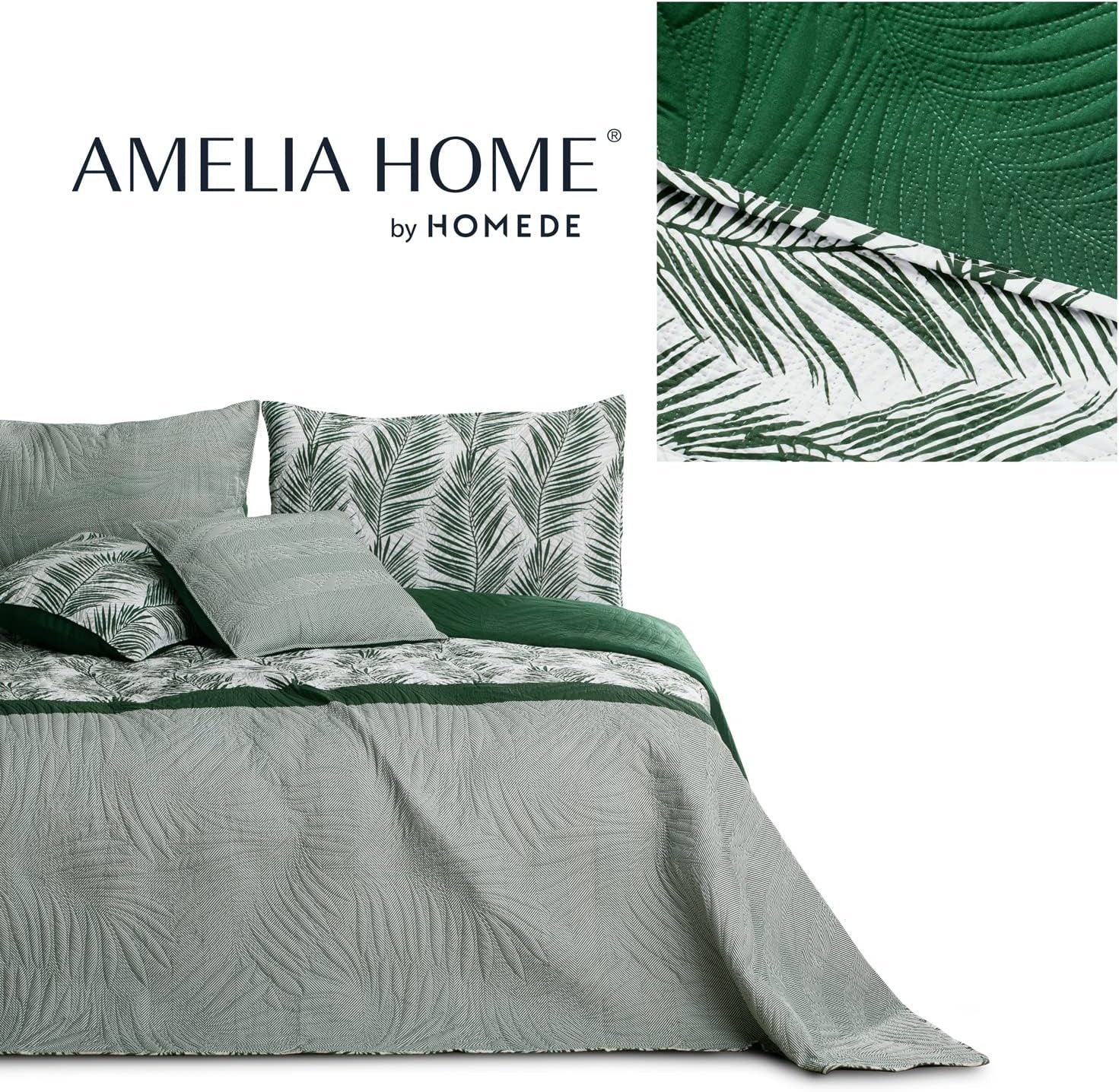 Ameliahome Colcha Colcha 170X210 Cm Colcha De Doble Cara De Fácil Cuidado Estampado De Plantas Verde Blanco Tropical Bonaire Camas y Mantas Besuche den AmeliaHome-Store