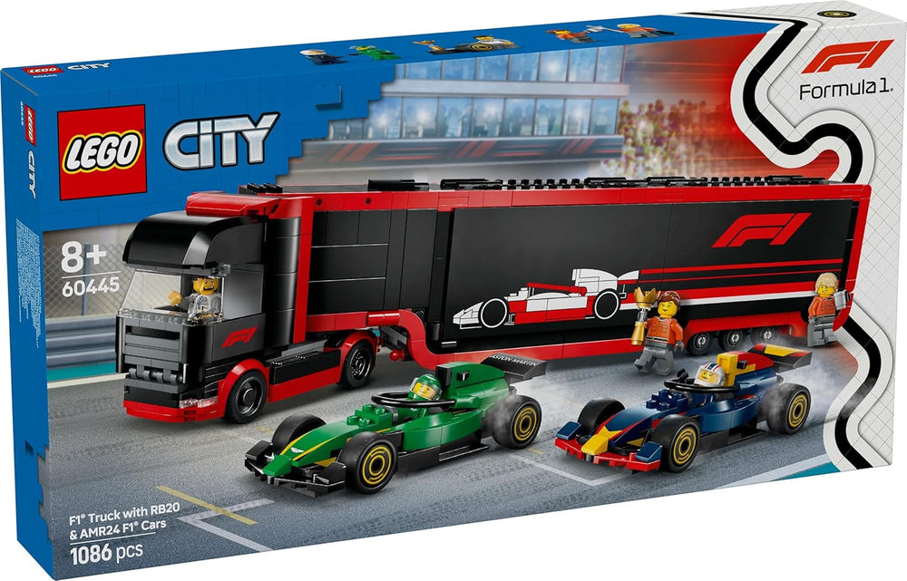 LEGO City Transporter F1 con coches de carreras RB20 y AMR24 F1 - Transporter de coches de juguete para los equipos de Fórmula 1 Red Bull y Aston Martin - Incl. 5 minifiguras: regalo para niños y niñas a partir de 8 años 60445 Juegos de construcción Besuche den LEGO-Store